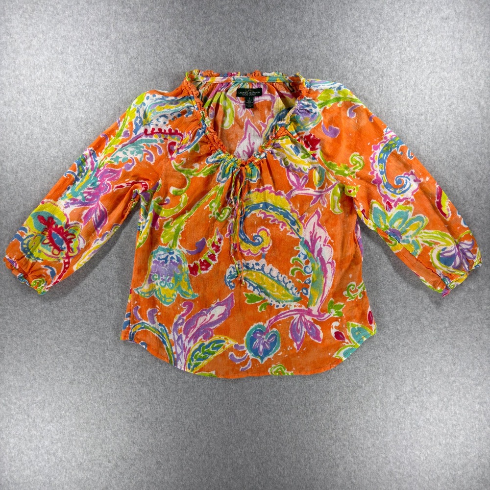 Lauren Ralph Lauren Orange Paisley Cotton Gauze Peasant Blouse Small